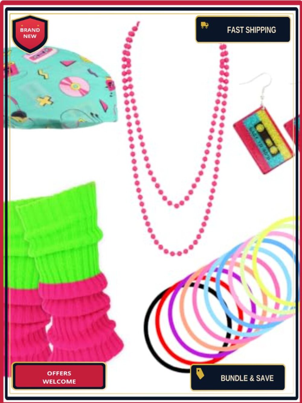 80s Neon Costume Accessory Set Headband Leg Warmers Jewelry